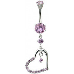 Silver Heart Dangle Belly Bars with CZ Crystal Stone - Various Colours - All our Jewellery is Quality Checked by Sheffield Assay office