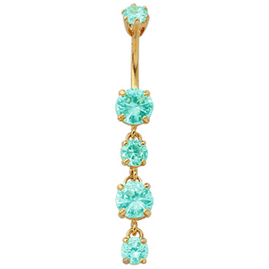 Silver Dangling Round Belly Bars with CZ Crystal - Gold Plated - Various Colours