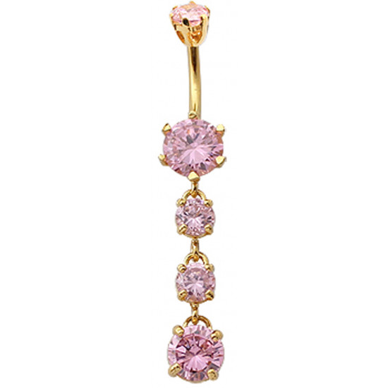 Sterling Silver Dangle Round Shape Drop CZ Crystal in Gold Plating Belly Bars 1.6mm / 14G - Various Colours