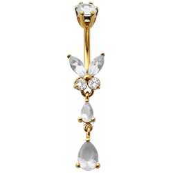 Sterling Silver Butterfly Drop Dangle CZ Crystal in Gold Plating Belly Bars 1.6mm / 14G - Various Colours
