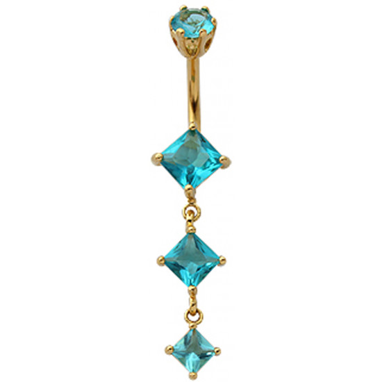 Sterling Silver Diamond Shape Dangle CZ Crystal in Gold Plating Belly Bars 1.6mm / 14G - Various Colours