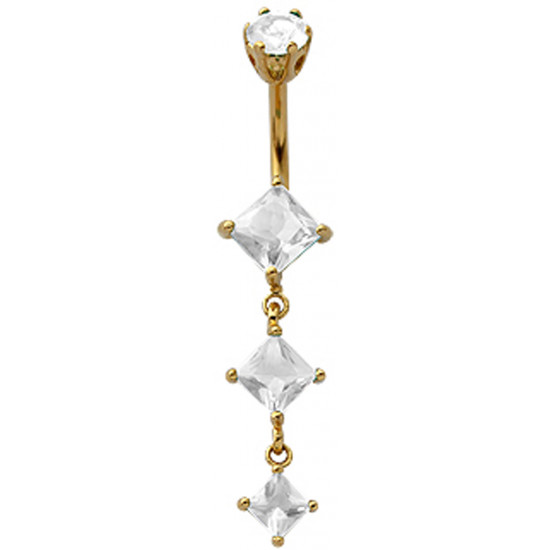 Sterling Silver Diamond Shape Dangle CZ Crystal in Gold Plating Belly Bars 1.6mm / 14G - Various Colours