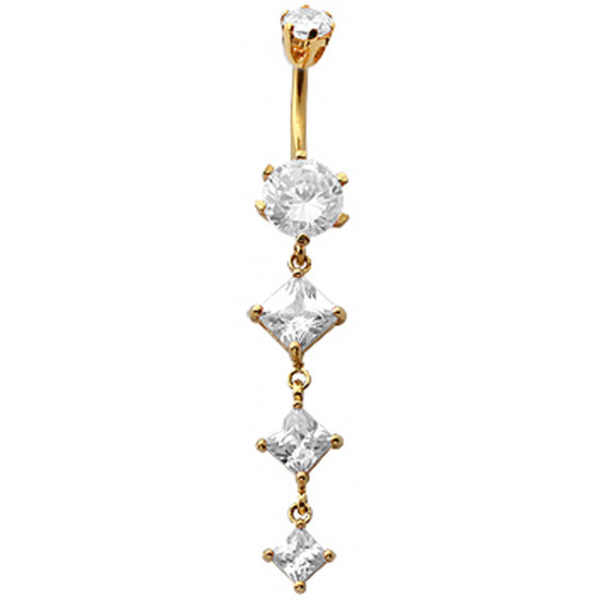 Sterling Silver Diamond Shape 3 Drop Dangle CZ Crystal in Gold Plating Belly Bars 1.6mm / 14G - Various Colours