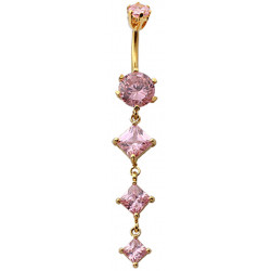 Sterling Silver Diamond Shape 3 Drop Dangle CZ Crystal in Gold Plating Belly Bars 1.6mm / 14G - Various Colours
