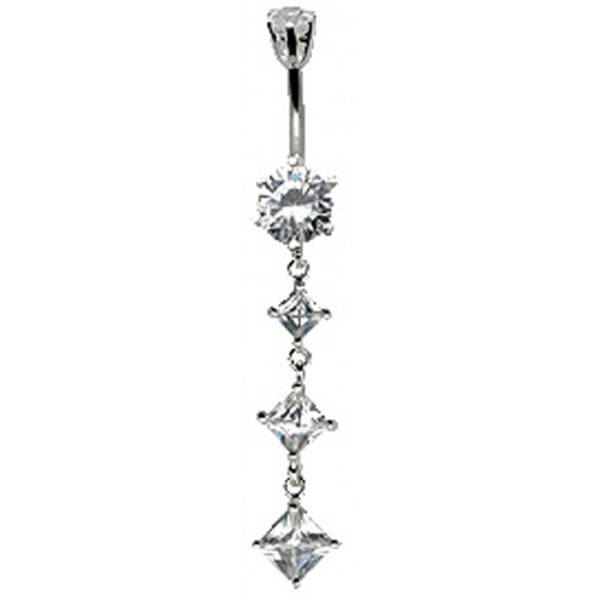 Sterling Silver Diamond Shape 3 Drop Dangle CZ Crystal Belly Bars 1.6mm / 14G - Various Colours - All our Jewellery is Quality Checked by Sheffield Assay office