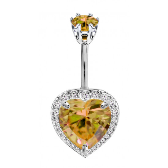 Sterling Silver Heart Belly Bars Surrounded with CZ Glass Stone Crystals - Various Colours - All our Jewellery is Quality Checked by Sheffield Assay office