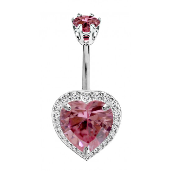 Sterling Silver Heart Belly Bars Surrounded with CZ Glass Stone Crystals - Various Colours - All our Jewellery is Quality Checked by Sheffield Assay office