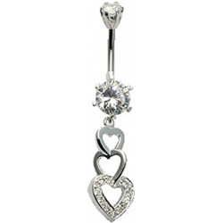Sterling Silver Heart Chain Dangle Belly Bar with CZ Crystals - Various Colours - All our Jewellery is Quality Checked by Sheffield Assay office
