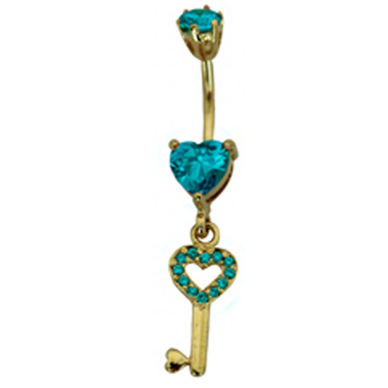 Sterling Silver and Gold Plated Key Bellybar - Surgical Steel 14G with CZ Crystals - Various Colours