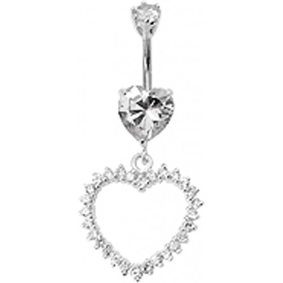 Sterling Silver Dangle Open Heart Belly Bar Studded with CZ Crystals - Various Colours 