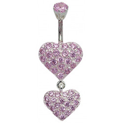 Double Heart Dangle Belly Bars Studded with CZ Crystals - Various Colours - All our Jewellery is Quality Checked by Sheffield Assay office