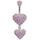Double Heart Dangle Belly Bars Studded with CZ Crystals - Various Colours - All our Jewellery is Quality Checked by Sheffield Assay office