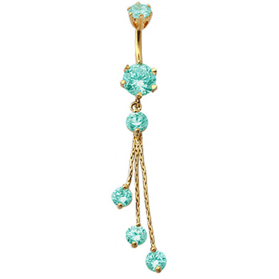 Sterling Silver Round Shape Dangle CZ Crystal in Gold Plating with Chains Belly Bars 1.6mm / 14G - Various Colours