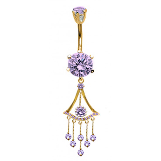Gold Plated Dangle Round Belly Bars with Drop CZ Crystal - Various Colours