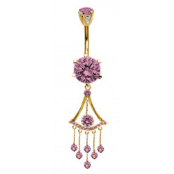 Gold Plated Dangle Round Belly Bars with Drop CZ Crystal - Various Colours