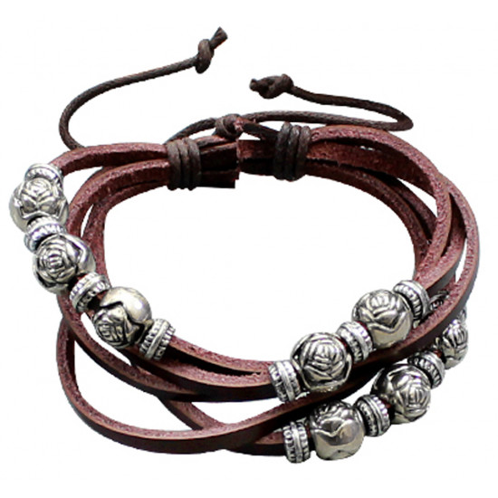 Multi-Strand Wrap Genuine Leather Bracelet with Rose Beads - Various Colours