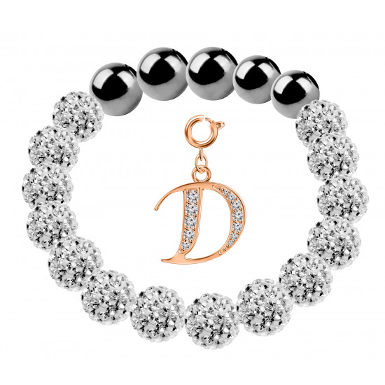 Shamballa Stretchable Bracelet CZ Crystal Studded with Rosegold Plated Initial Charm Beads - Letters A To Z