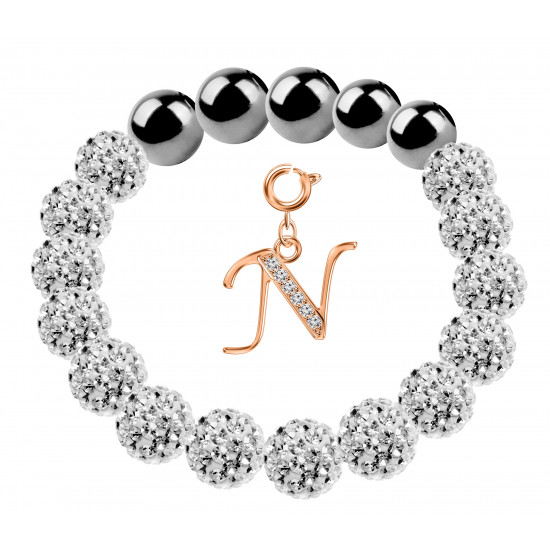 Shamballa Stretchable Bracelet CZ Crystal Studded with Rosegold Plated Initial Charm Beads - Letters A To Z