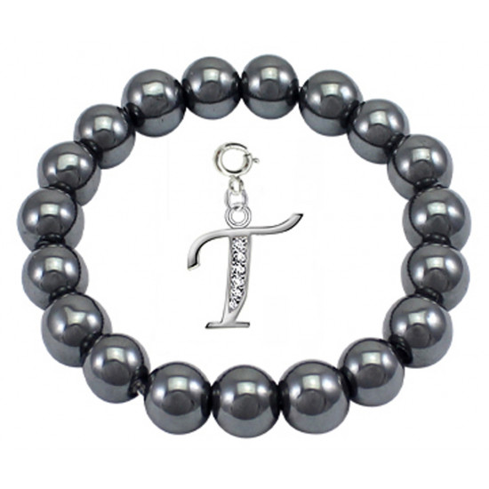 Hematite Stretchable Bracelet with Silver Initial Charm Beads - Letters A To Z