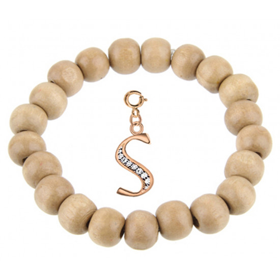 Wooden Stretchable Bracelet with Rosegold Plated Initial Charm Beads - Letters A To Z