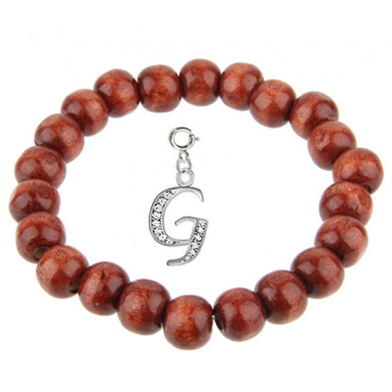 Wooden Stretchable Bracelet with Silver Initial Charm Beads - Letters A To Z