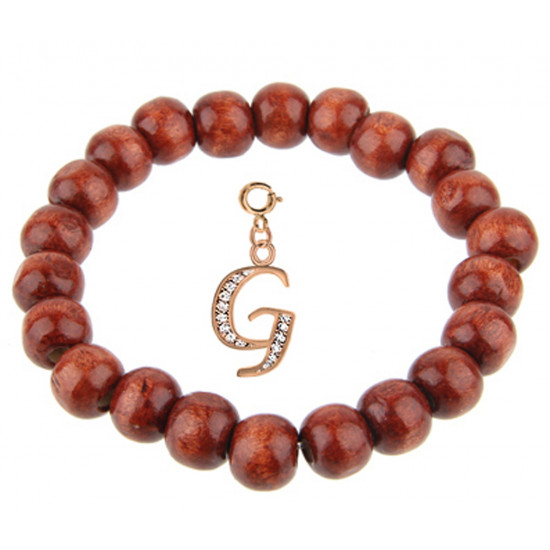 Wooden Stretchable Bracelet with Rosegold Plated Initial Charm Beads - Letters A To Z