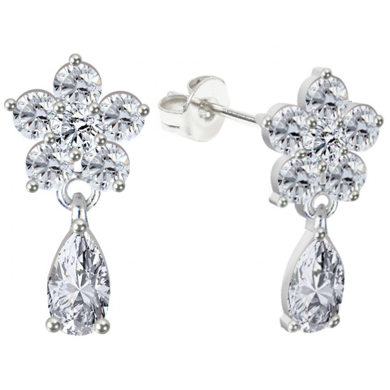 Sterling Silver Dangle Floral Fashion Earrings with CZ Crystals - Various Colours