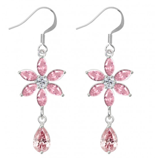 Sterling Silver Flower Fashion Dangle Earrings with CZ Crystals - Various Colours