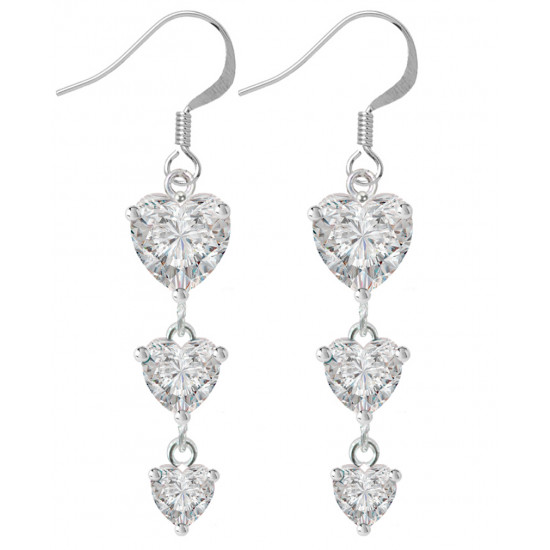 Sterling Silver Three Layer Drop Heart Fashion Earrings with CZ Crystals - Various Colours