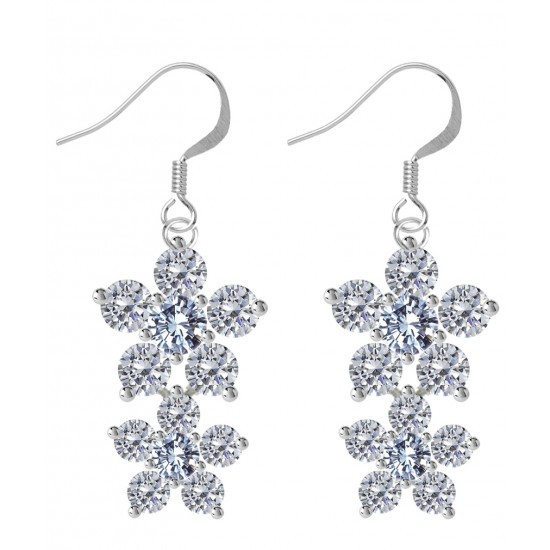 Sterling Silver Double Floral Fashion Dangle Earrings with CZ Crystals - Various Colours