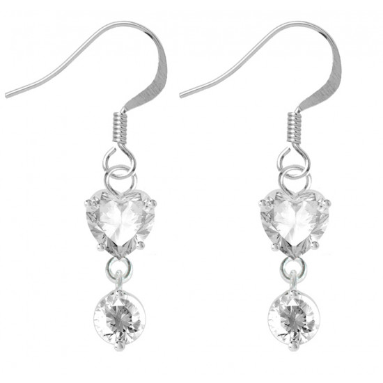 Sterling Silver Dangle Drop Heart Earrings with CZ Crystals - Various Colours