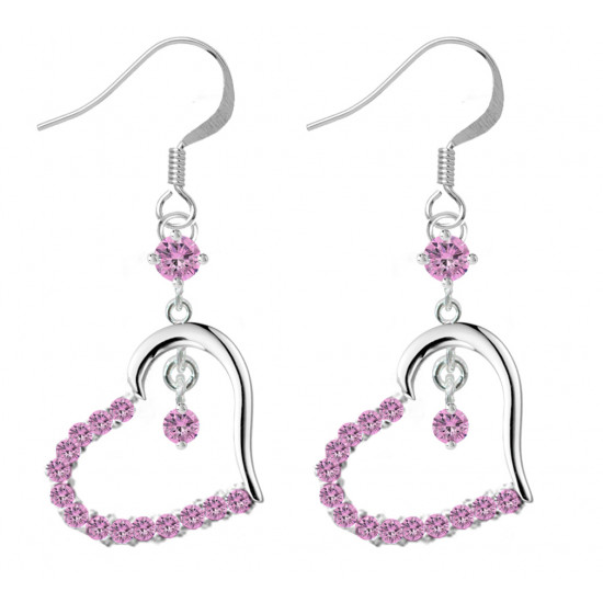 Sterling Silver Open Heart Fashion Dangle Earrings with CZ Crystals - Various Colours