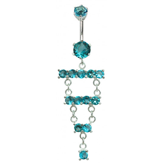 Surgical Steel and Silver Dangle Belly Bars with Full Set CZ Crystals in Various Colors